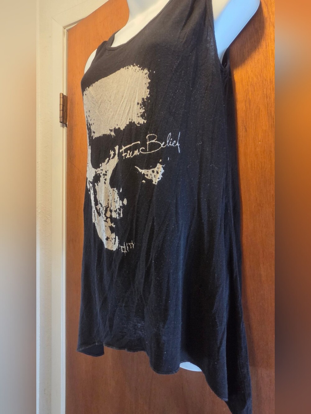 Firm Belief Black Skull Graphic Tank Top Open Back Detail SzL - Picture 2 of 5